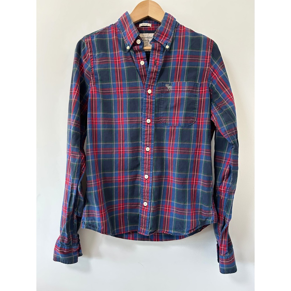 y2k moose‎ Abercrombie & Fitch Mens Muscle Plaid Button Down Shirt Navy Red Med